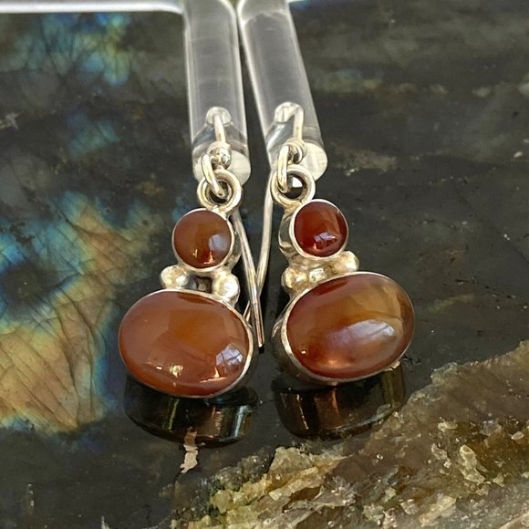 Sterling Silver 950 1.26" Oval Bezel Set Carnelian Gemstone Dangle Earrings 3.5g - Picture 2 of 16